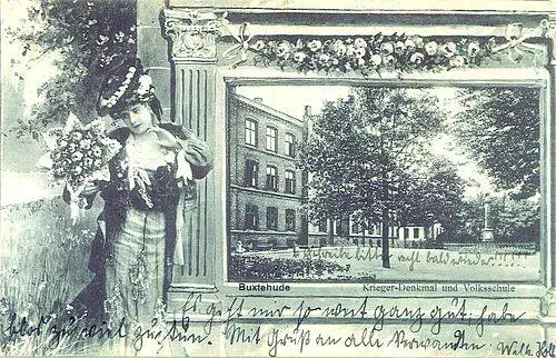 Historische Postkarte von Buxtehude mit dem Schulgebäude